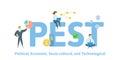 PEST, Political Economic Socio-cultural Technological. Concept with people, letters and icons. Flat vector illustration