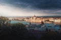 Pest Skyline with Hungarian Parliament and Danube River aerial view at sunset - Budapest, Hungary Royalty Free Stock Photo