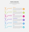 PESTEL analysis infographic outline style with 6 point template with arrow line stack with vertical orientation for slide