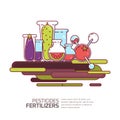 Pesticides, fertilizers concept. Vector illustration of vegetables and grains with chemicals. Agriculture technologies.