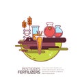 Pesticides, fertilizers concept. Vector illustration of vegetables and grains with chemicals. Agriculture technologies.