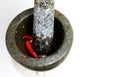 Pestle is above mortar with chilli and garlic inside Royalty Free Stock Photo