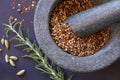 Pestle and mortar with herbs and spices Royalty Free Stock Photo