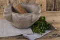 Pestle and mortar with herbs Royalty Free Stock Photo