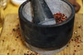 Pestle and mortar with mix peppercorn Royalty Free Stock Photo