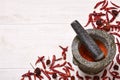 Pestle with mortar, surrounded by dried chili and habanero peppers