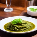 pesto alla genovese served on plate ingredients parmesan basil pine nuts