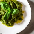 pesto alla genovese served on plate ingredients parmesan basil pine nuts