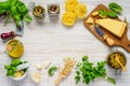 Pesto with Cheese and Cooking Ingredients on Copy Space Frame Royalty Free Stock Photo