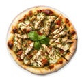 Pesto Chicken Pizza On White Plate On White Background Directly Above View