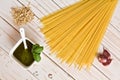 Pesto genovese and linguine pasta, pine nuts and garlic on a tab Royalty Free Stock Photo