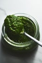 Pesto genovese or Pesto Verde. Italian sauce dip for pasta or other dishes. Green Pesto with basil and pine nuts and Royalty Free Stock Photo