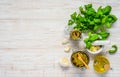 Pesto and Green Fresh Herbs with Copy Space Area Royalty Free Stock Photo