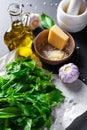 Pesto ingredients: basil, olive oil, garlic and cheese Royalty Free Stock Photo