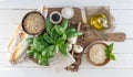 Pesto Ingredients on White Rustic Board Royalty Free Stock Photo