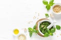 Pesto. Italian basil pesto sauce with culinary ingredients for cooking Royalty Free Stock Photo