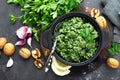 Pesto. Italian pesto with fresh pasrley, garlic, lemon juice, walnuts and olive oil