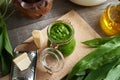 Pesto made of bear\'s garlic leaves with parmesan and oil