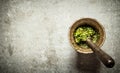 Pesto in a mortar with pestle. Royalty Free Stock Photo