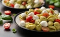 Pesto Pasta Salad with Cherry Tomatoes and Mozzarella cheese. Healthy food. Royalty Free Stock Photo