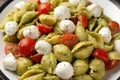 Pesto Pasta Salad with Cherry Tomatoes and Mozzarella cheese. Healthy food. Royalty Free Stock Photo