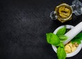 Pesto with Pestle and Mortar on Copy Space Royalty Free Stock Photo