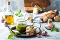 Pesto sauce in glass jar with ingredients.. Basil, olive oil, parmesan, garlic, pine nuts. Royalty Free Stock Photo