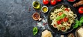 Pesto tagliatelle pasta with parmesan on plate, modern restaurant setting, menu on white background