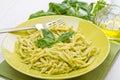 Pesto trofie typical ligurian recipe in green dish