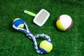 Pet accessories about ball, brush and rope toys for dog. Royalty Free Stock Photo