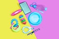 Pet accessories concept: bowl, toys, brush, collars Royalty Free Stock Photo