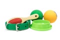 Pet accessories concept. Bowls, Rubber toy, Collars on isolated white