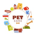 Pet accessories and food set. Dogs and cats supplies, pet shop equipment, toys, home, bowl, cage, scratching post, ball, collar,