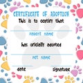 Pet adoption certificate vector template design. Printable page for pet shelter, pet shops, vets. Cute seamless pattern with Royalty Free Stock Photo