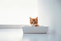Pet adoption, small red kitten sitting in a cat litter box, sunny near window. Generative AI Royalty Free Stock Photo