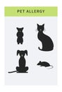 Pet allergy icons set, allergy to animal hair, isolated cartoon allergen symbols like cat, dog, mouse.