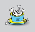 Pet animal bowls with seafood vector illustration, web icon, sign, fish, Spread fish