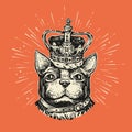 Portrait of cute Dog in english crown. Pet animal, puppy pug, bulldog head sketch. Vintage vector illustration Royalty Free Stock Photo