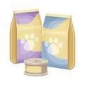 Pet animals food packagings. Petshop products vector illustration