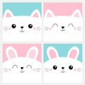 Pet baby print for notebook cover, greeting card. White cat rabbit bunny head face square icon set. Cute cartoon kawaii funny Royalty Free Stock Photo