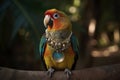 Pet Bird In Seashell Necklace Perched On Branch Against Rainforest Backdrop. Generative AI