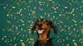 Pet birthday celebration. Happy Dachshund peeping with falling confetti on teal studio background.