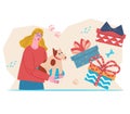 Pet birthday celebration with woman pampering her pet with gifts, flat vector.