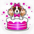 Pet birthday, cocker spaniel and a pink cake, sticker