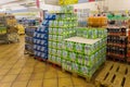 Pet bottles water and soft drinks on pallet in Italian INS discount store