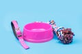 Pet bowl, Rope and collars on light blue background.