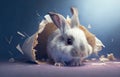 a pet bunny rabbit through a frame, Bunny peeking out of a hole in blue wall, fluffy eared bunny easter bunny banner, rabbit jump