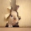 a pet bunny rabbit through a frame, Bunny peeking out of a hole in blue wall, fluffy eared bunny easter bunny banner, rabbit jump