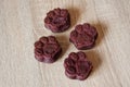 pet cake. dog treat. pastry food for cat. appetizing dog muffins on wooden background. dog birthday. red velvet. paw shaped dog