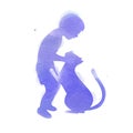 Pet care. A Boy playing with cat silhouette on watercolor background. The concept of trust, friendship . Digital art painting